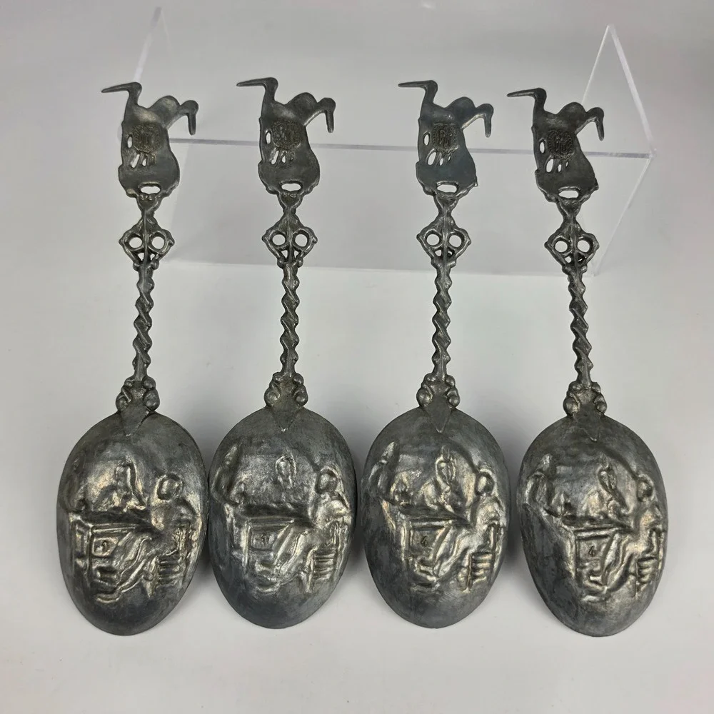 Antique Dutch Pewter Souvenir Spoons Set of 4 Volendam Holland Stork Tavern Scen